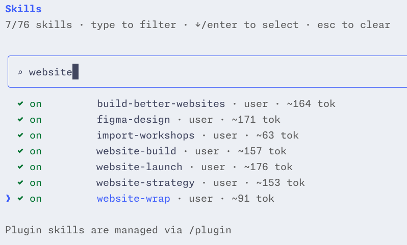 My skills in Claude Code — each one captures a workflow that gets sharper with every project.