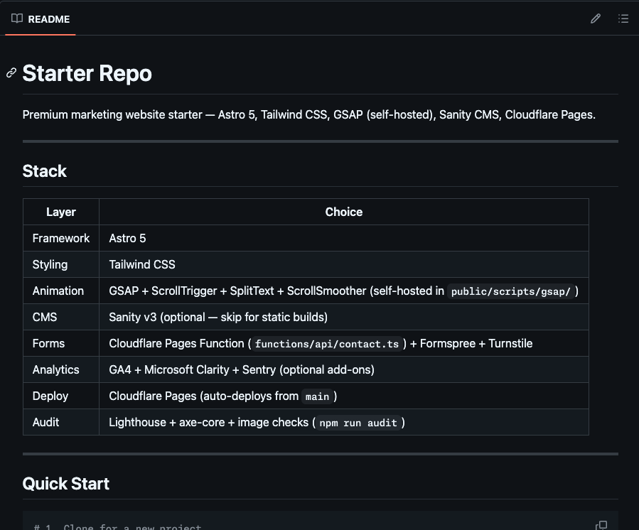 The starter repo — conventions, patterns, and decisions baked in from day one.